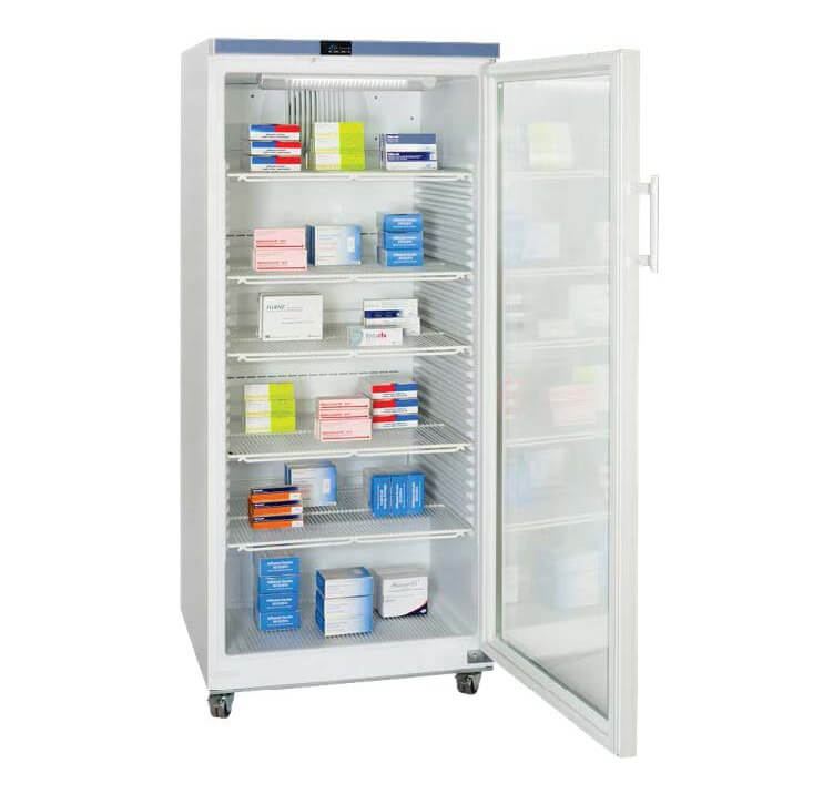 A glass-door pharmacy refrigerator stocked with medicines