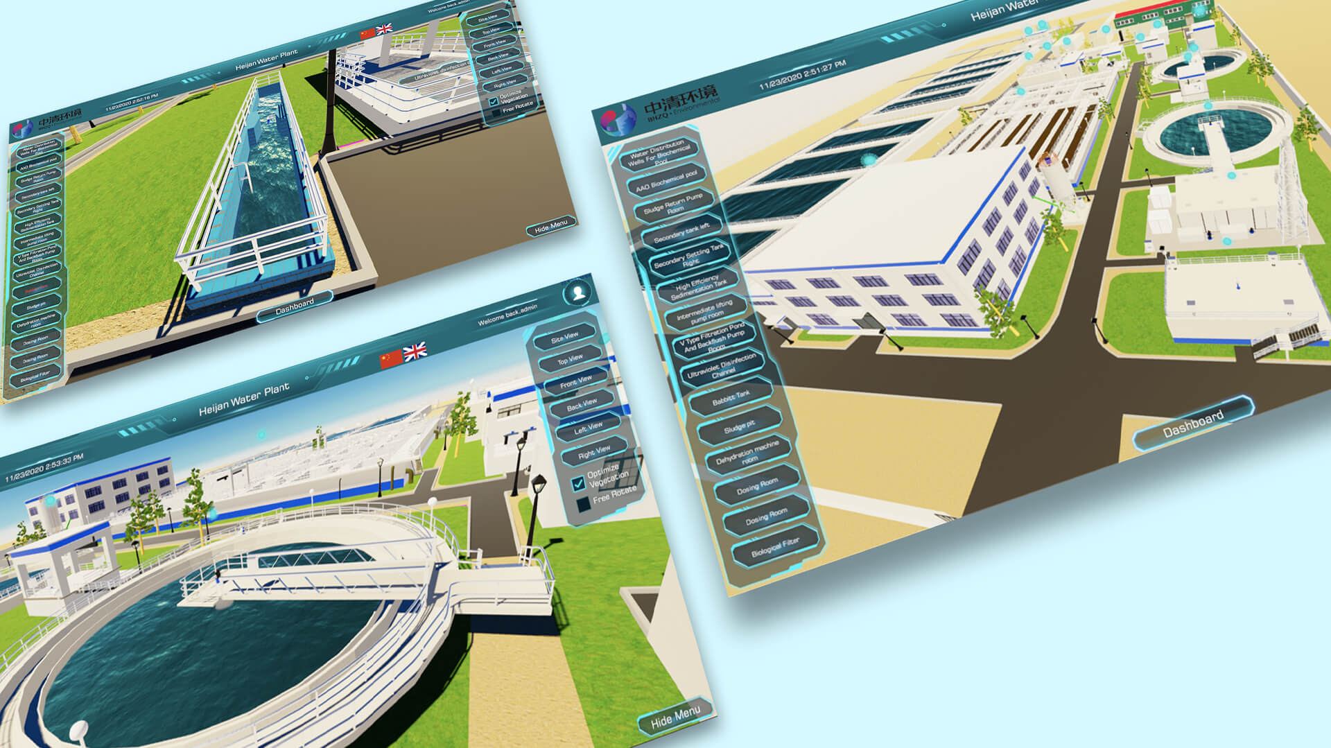 Three screens of a 3D digital twin of a water treatment plant