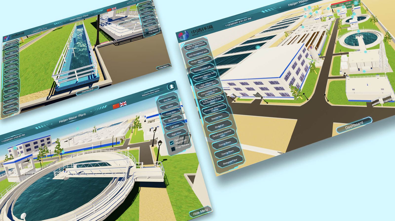 Screens of a 3D digital twin of a wastewater treatment plant, from the Yahong Bridge project