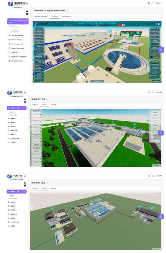 Three views of the 3D digital twin of a treatment plant